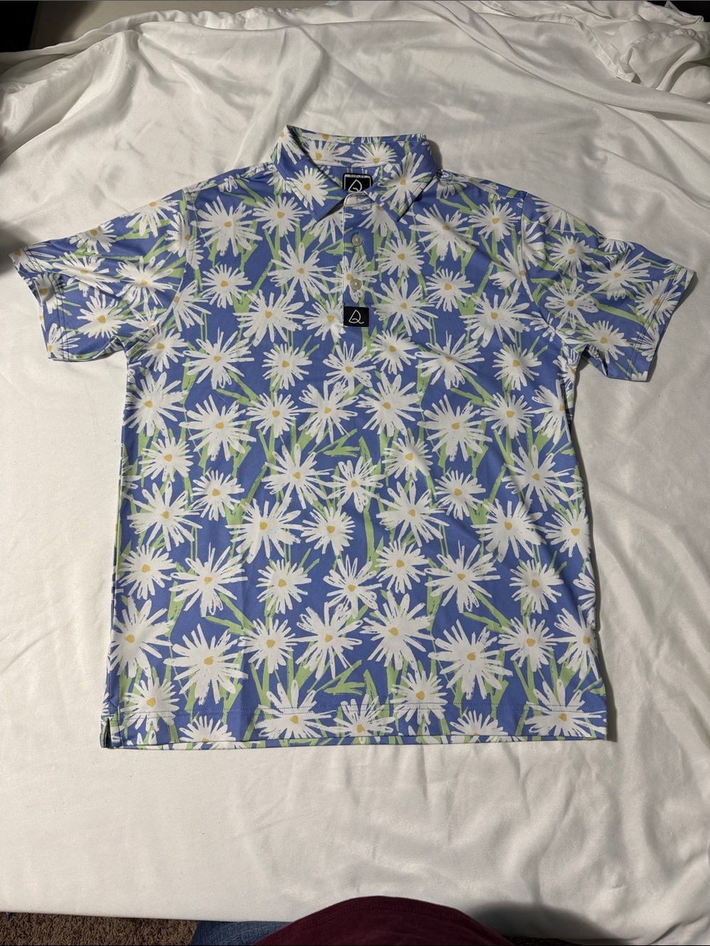 Deolax Floral Polo Shirt Blue White Daisy Print Short Sleeve Stretch Golf Casual